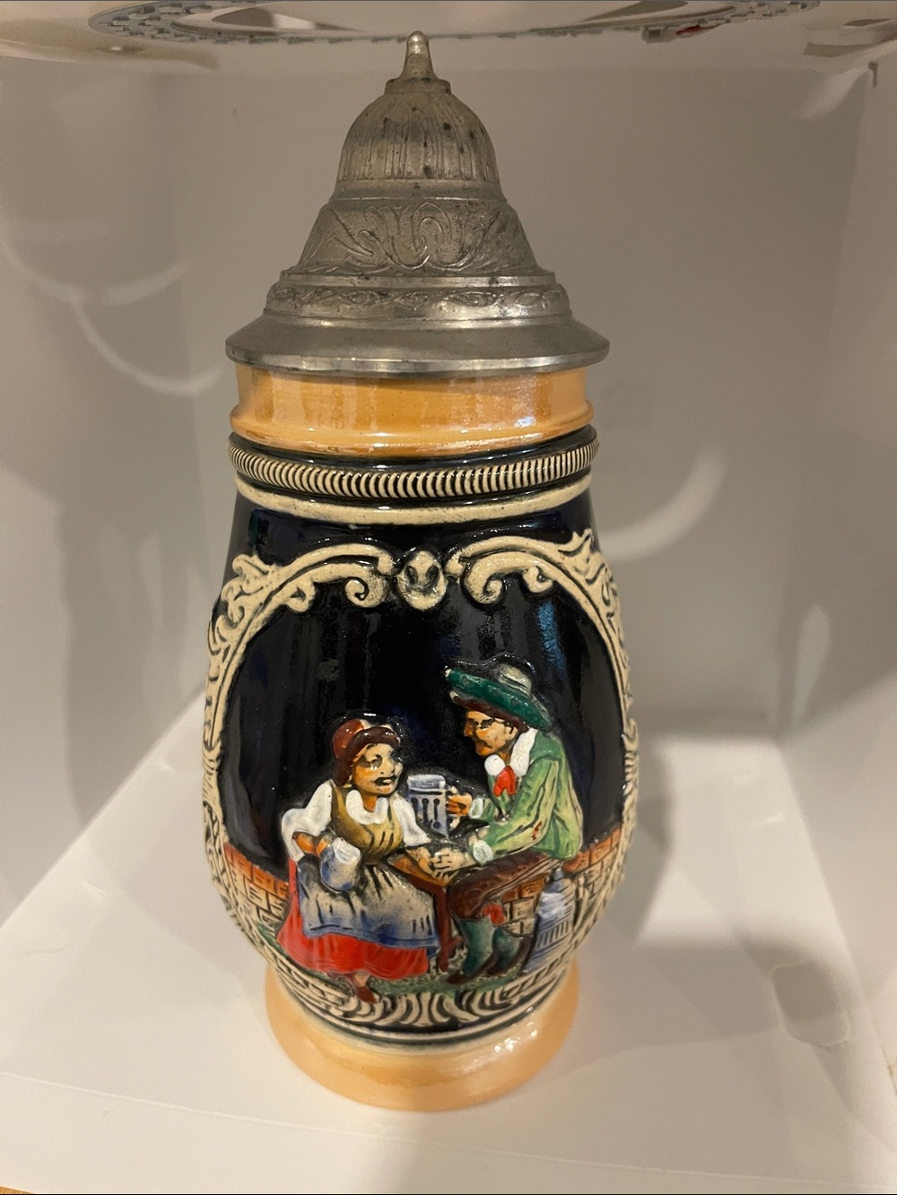Hand-Painted Ceramic Beer Stein in Navy and Tan